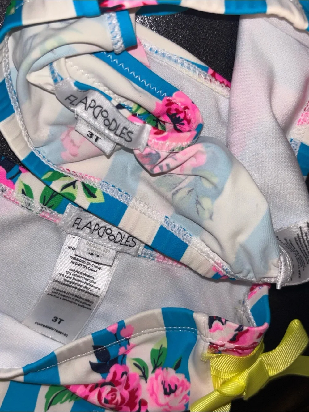 Flapdoodles Blue & White Stripe Floral Bikini with Neon Yellow Bows 3t swimsuit